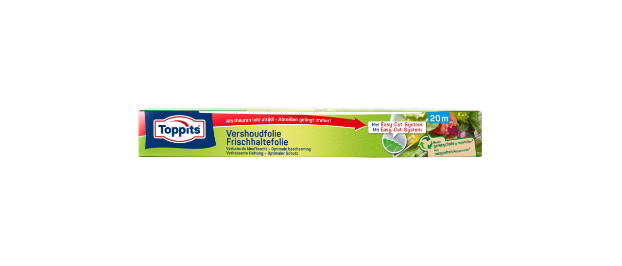 Voorkant van Toppits vershoudfolie verpakking, 20 meter, met Easy-Cut-System en informatie over gerecyclede grondstoffen.