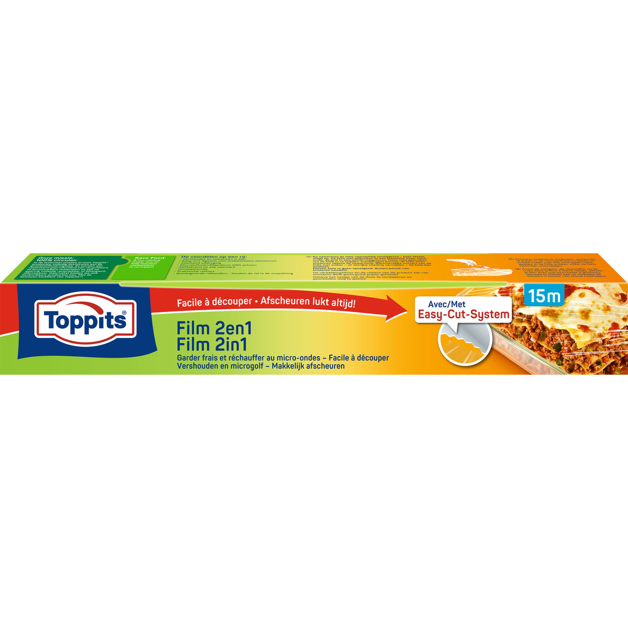 Voorkant van Toppits 2-in-1 magnetronfolie 15m met Duitse tekst en afbeelding van lasagne.